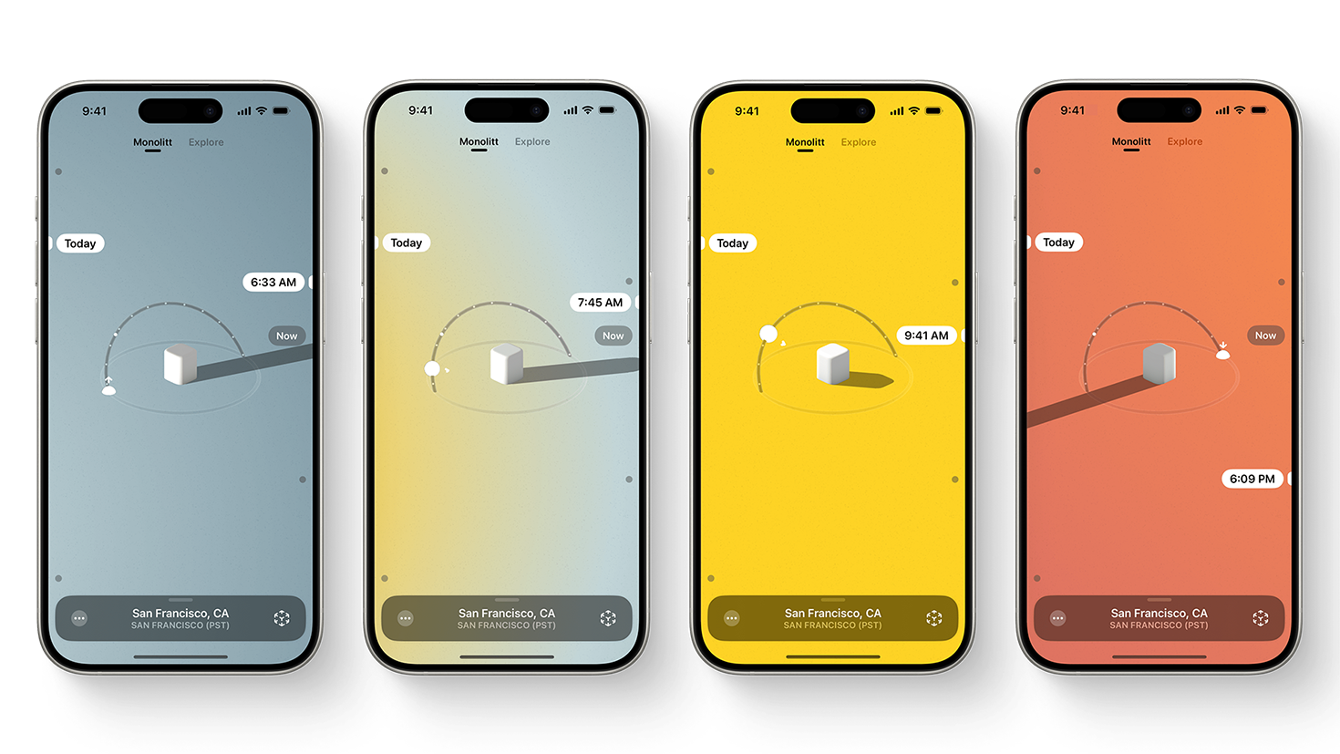 アプリ「Sunlitt」のiPhoneのスクリーンショットのコラージュ。各スクリーンショットには、人物の位置を表す小さな白い立方体と、その位置に基づいた太陽の経路が表示されている。各スクリーンショットは背景の色が異なり、それぞれ青、黄緑、黄色、そして赤とオレンジの中間である。
