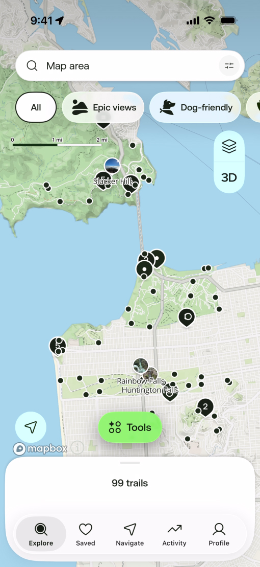 AllTrails app with Liquid Glass navigation