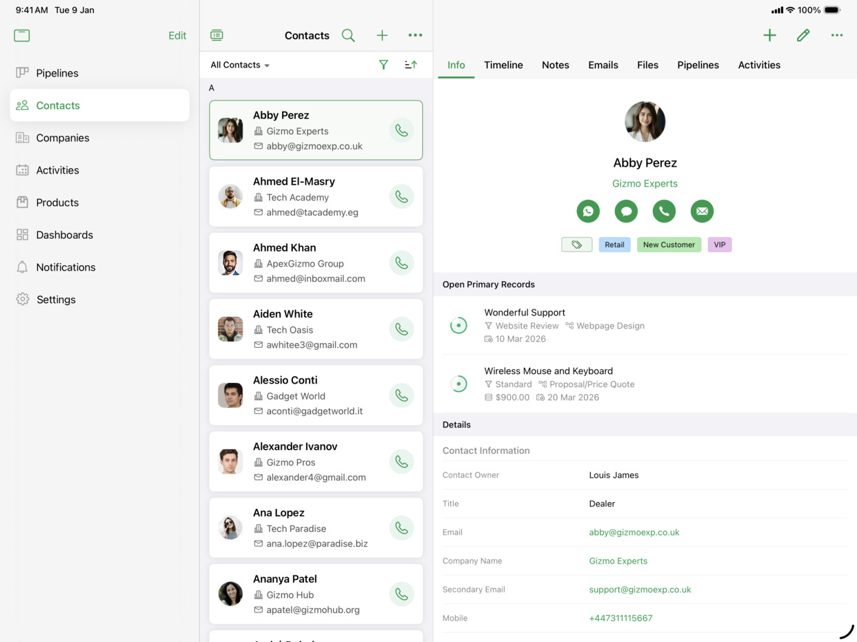 Bigin CRM app interface before redesign