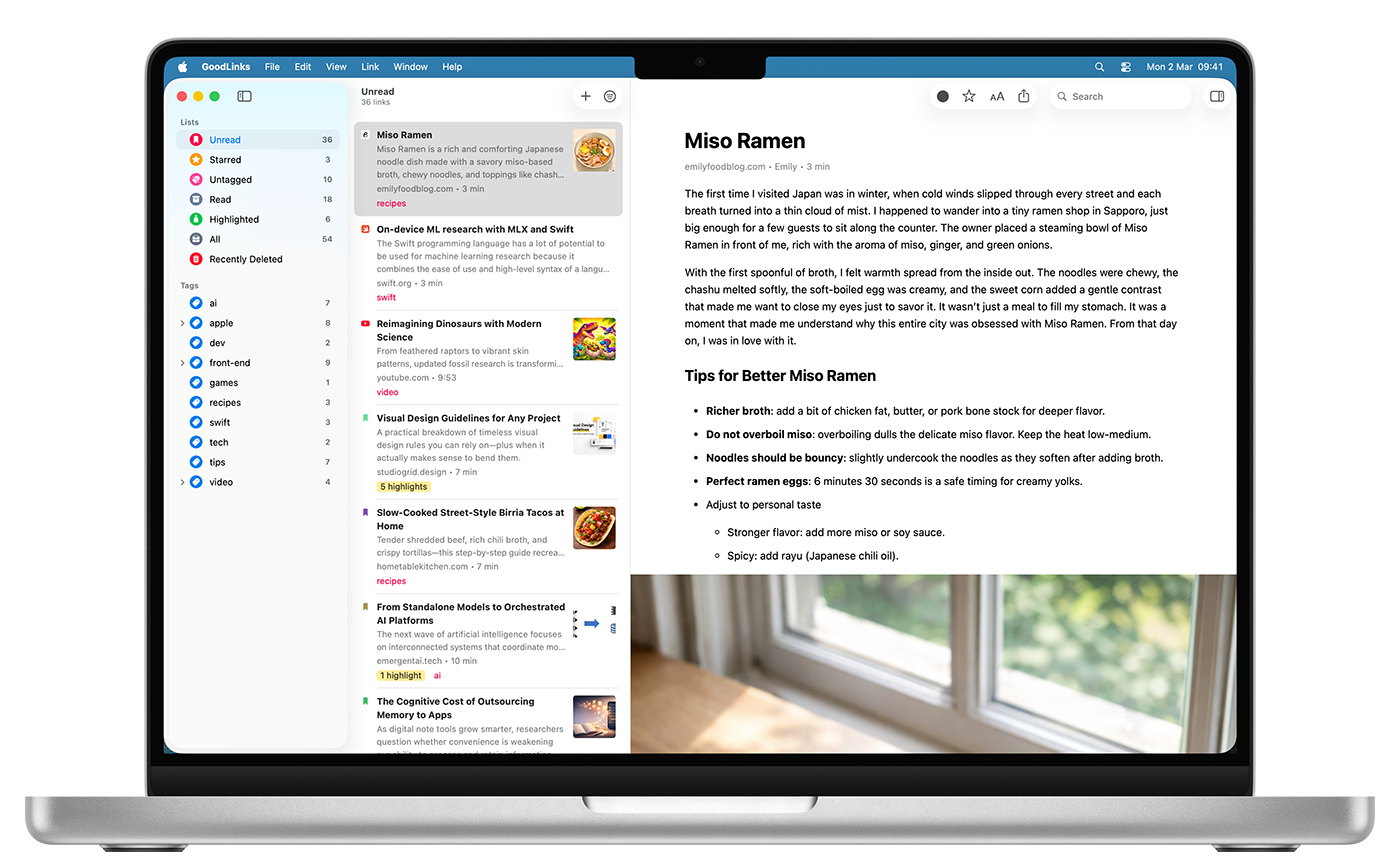 GoodLinks app on Mac with Liquid Glass toolbar