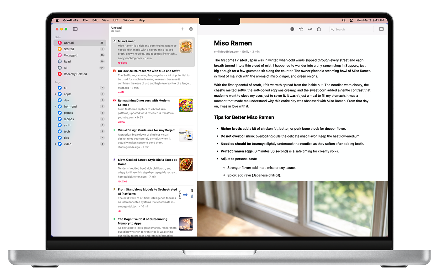 GoodLinks app on Mac before redesign