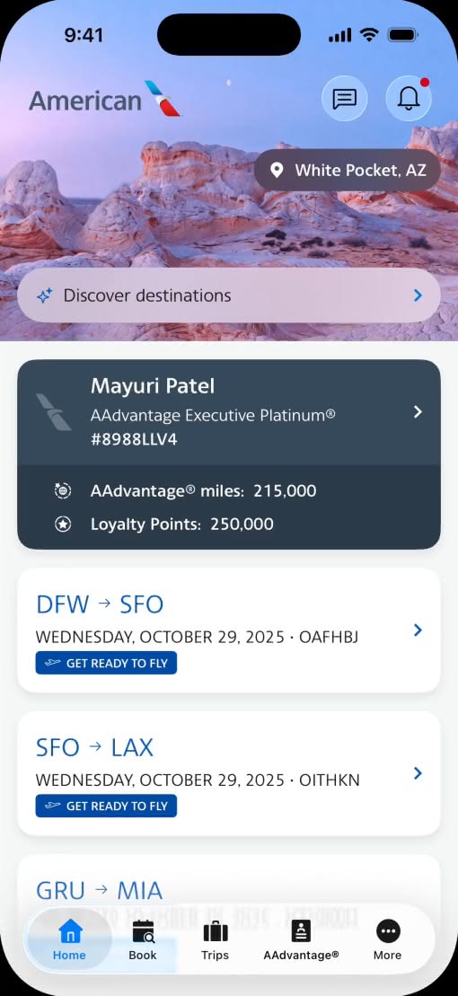 采用 Liquid Glass 设计的 American Airlines App