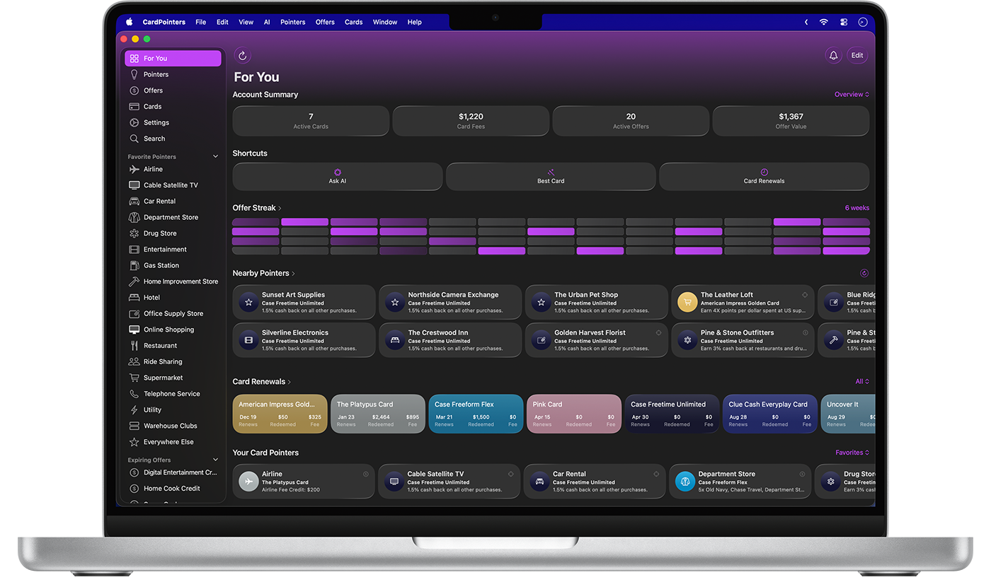 Mac 上显示卡片奖励的 CardPointers 界面
