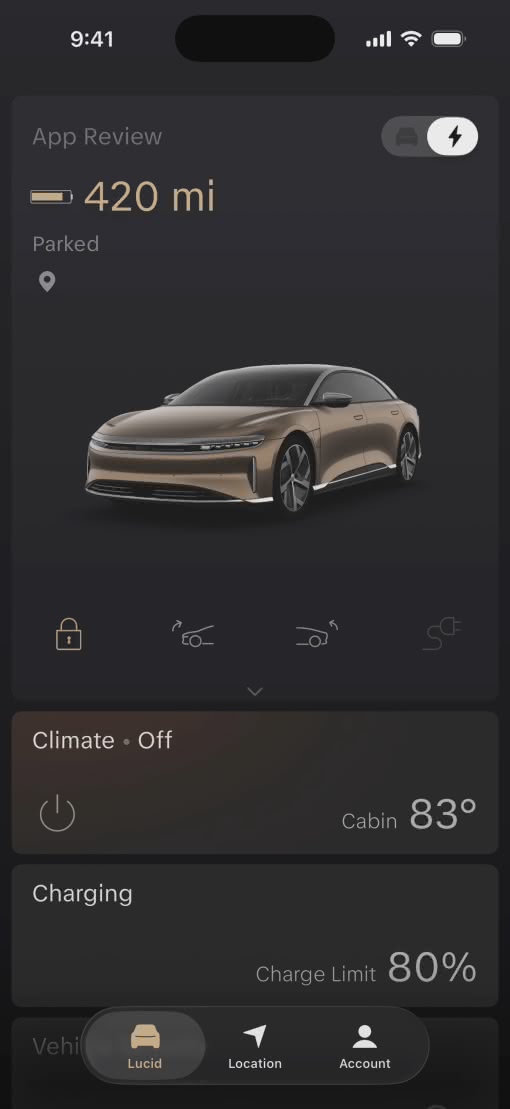 具有 Liquid Glass 控件的 Lucid Motors App