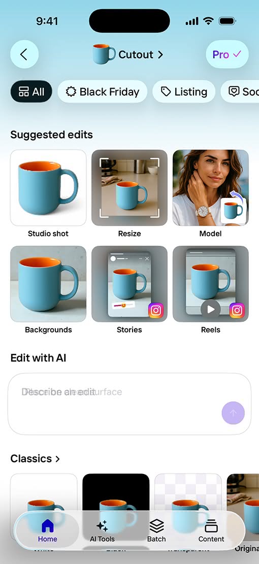 具有 Liquid Glass 编辑工具的 Photoroom App