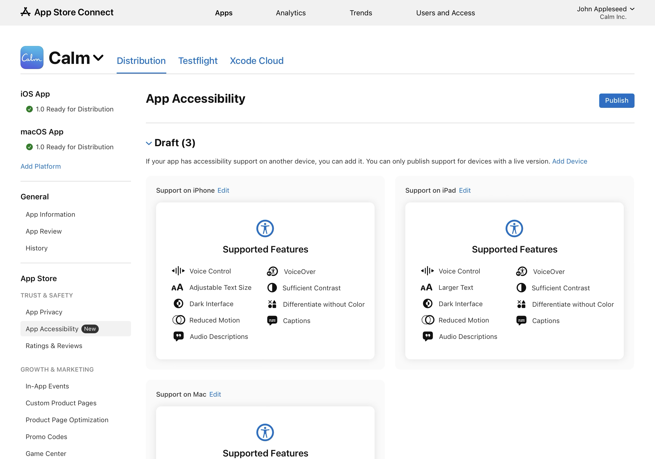 Screenshot of the "App Accessibility" page now shows accessibility support indicated for iPhone, iPad, and Mac with the label "Draft (3)". Under each device, the supported features are listed, including Voice Control, VoiceOver, Adjustable Text Size, Larger Text, Dark Interface, Sufficient Contrast, Reduced Motion, Differentiate without Color, Captions, and Audio Descriptions. An "Edit" link is available next to each device name. A "Publish" button is available at the top right of the screen.