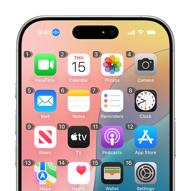 iPhone home screen displaying Voice Control’s ‘Show numbers’ overlay. Each app icon is numbered so that the user understands speaking ‘Tap 6’ will launch the Clock app.