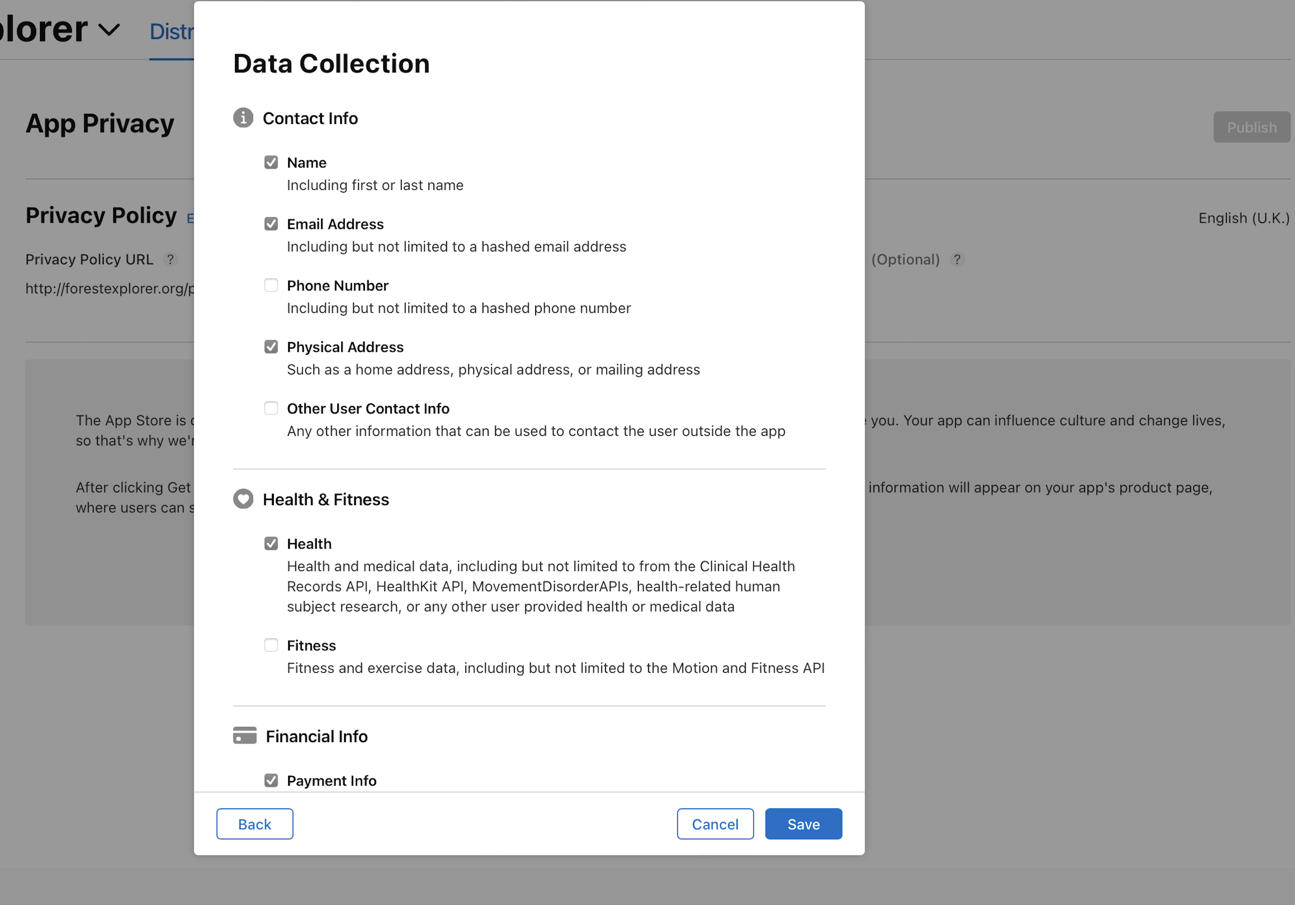 Screenshot of the Data Collection dialog on the App Privacy page that lists data categories such as contact information, health & fitness, and financial info. The Back button is located at the bottom-left, while the Cancel and Save buttons are at the bottom-right.