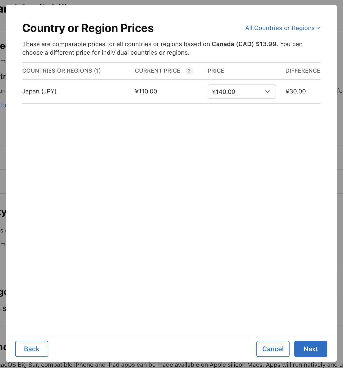Screenshot of the Country or Region Prices dialog, where Japan is listed with current and new price column. The new price is editable. At the bottom of the dialog, the Back button is on the left, and the Cancel and Next buttons are on the right.