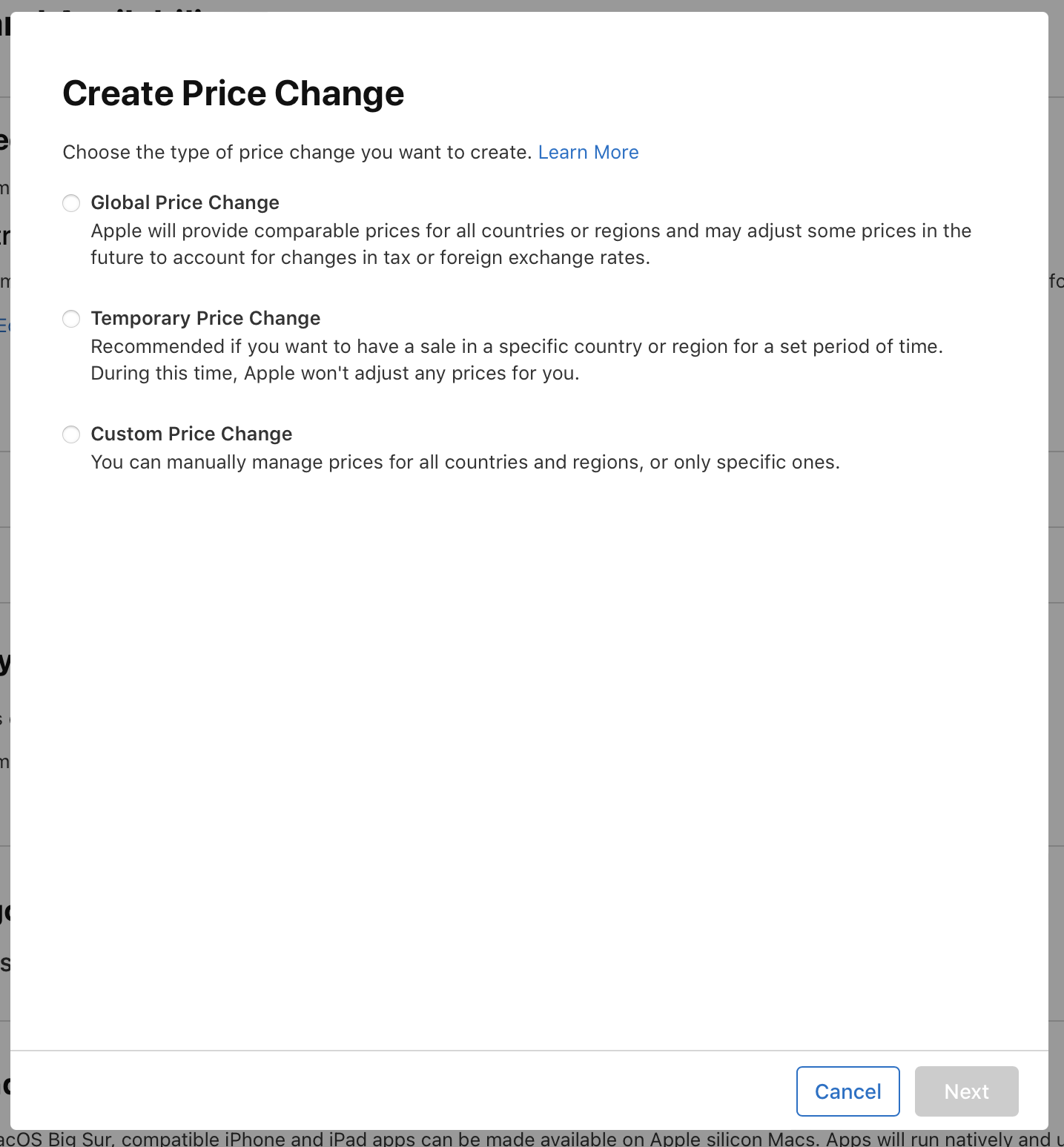Screenshot of the Create Price Change dialog, where there are three options: Global Price Change, Temporary Price Change, and Custom Price Change. At the bottom of the dialog, the Cancel and Next”buttons are on the right.