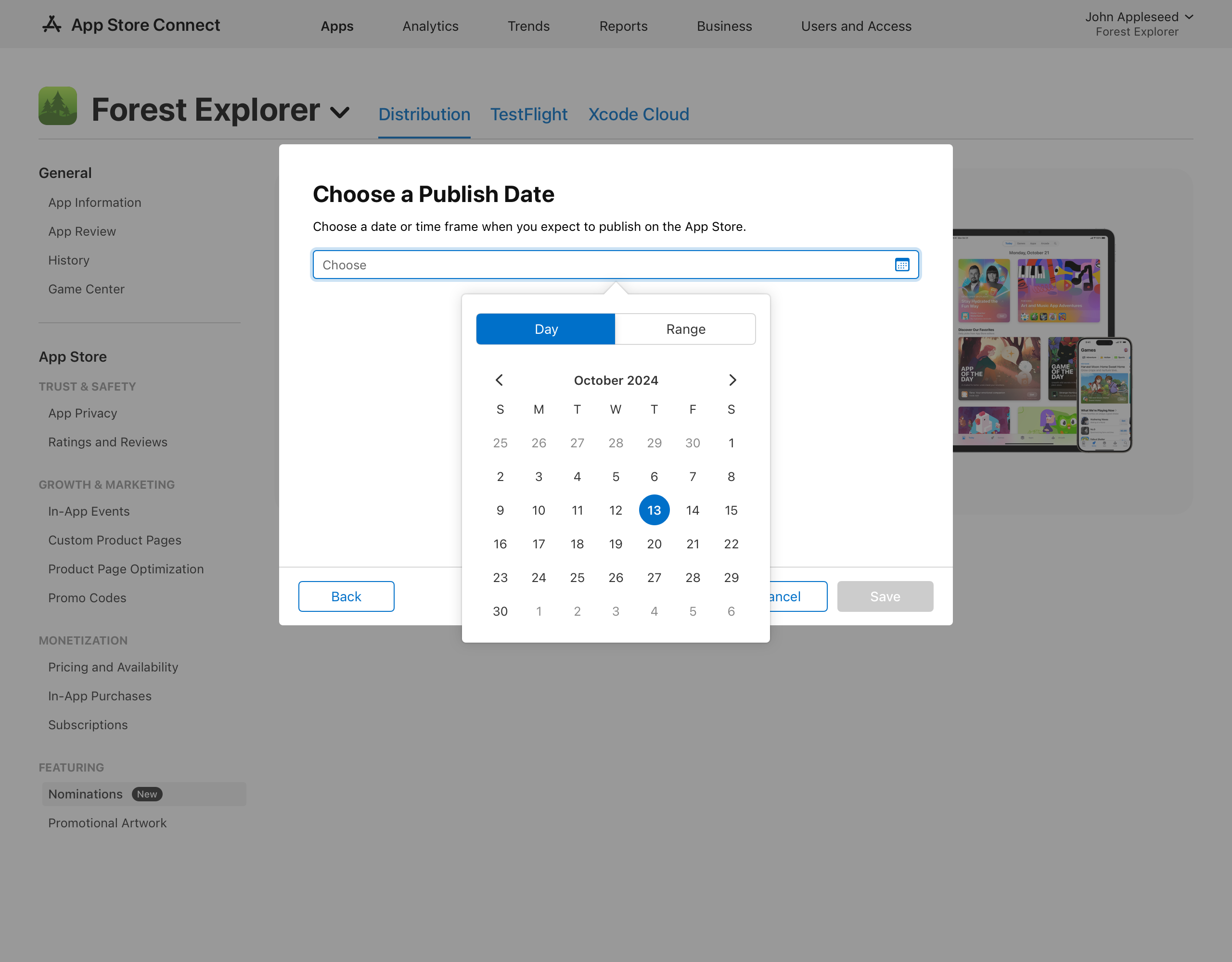 Screenshot of the Choose a Publish Date“dialogue, which contains a field to enter the expected date or time frame to publish on the App Store. When the field is clicked, a calendar appears with options to select a date. The calendar has two tabs labeled Day and Range for choosing specific dates or custom date ranges. At the bottom of the dialog, the Back button is on the left, and the Cancel and Next buttons are on the right.