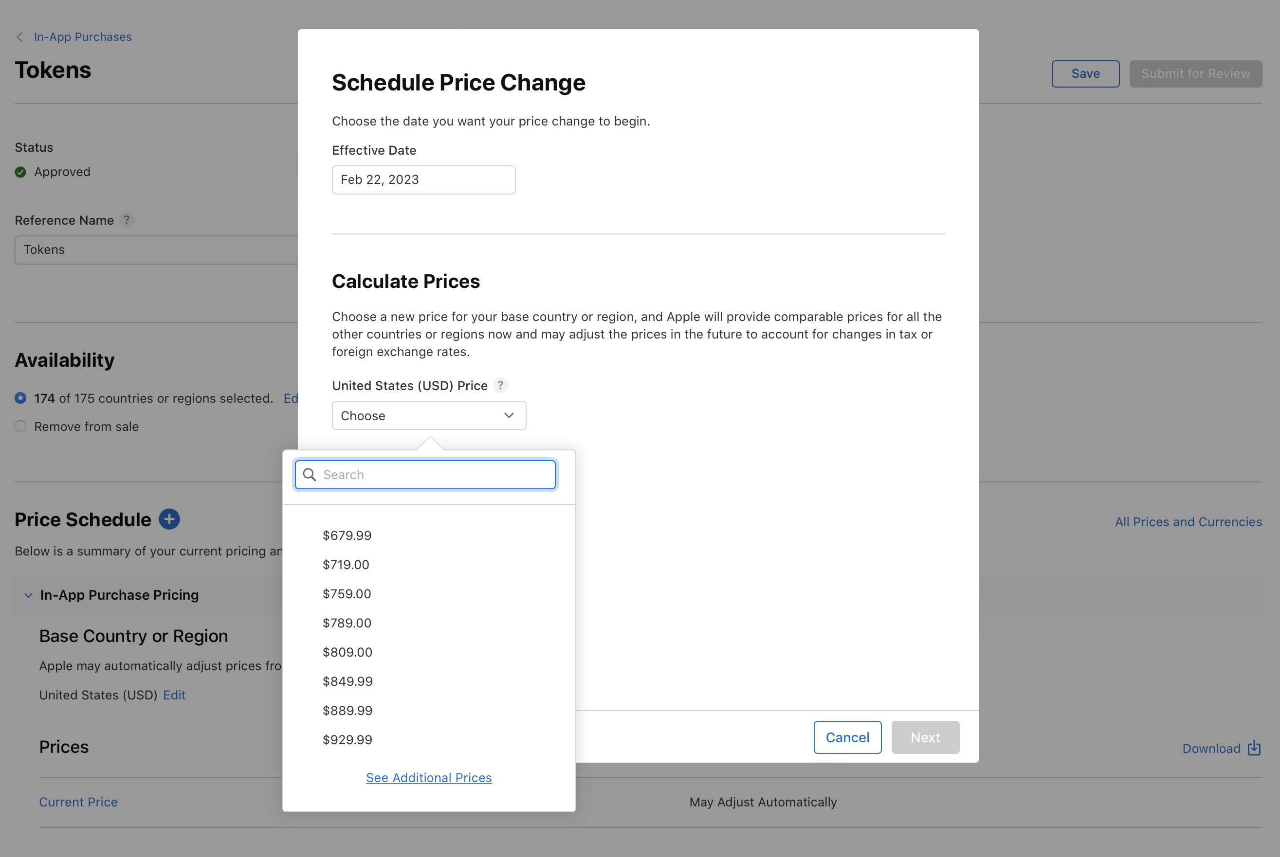 Screenshot of a Schedule Price Change pop-up window. Users can select an effective date for the price change and calculate new prices based on a base country or region. A dropdown menu displays various price points ranging from $0.99 to $929.99 for the United States (USD), with a link to see additional prices. Buttons for navigation include Cancel and Next.