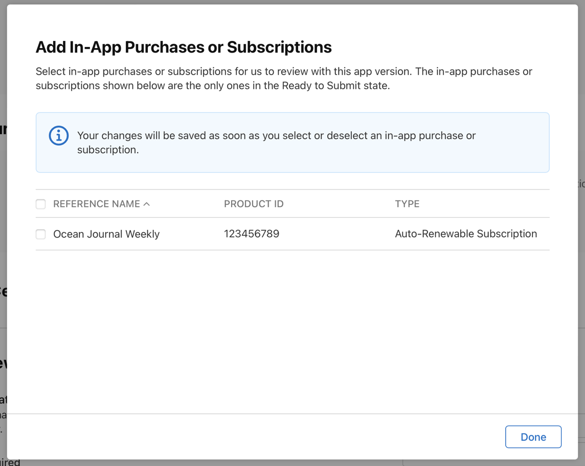 Screenshot of the 'Add In-App Purchases or Subscriptions' dialog, featuring an auto-renewable subscription list with a checkbox to the left of its reference name. The Done button is located at the bottom right.