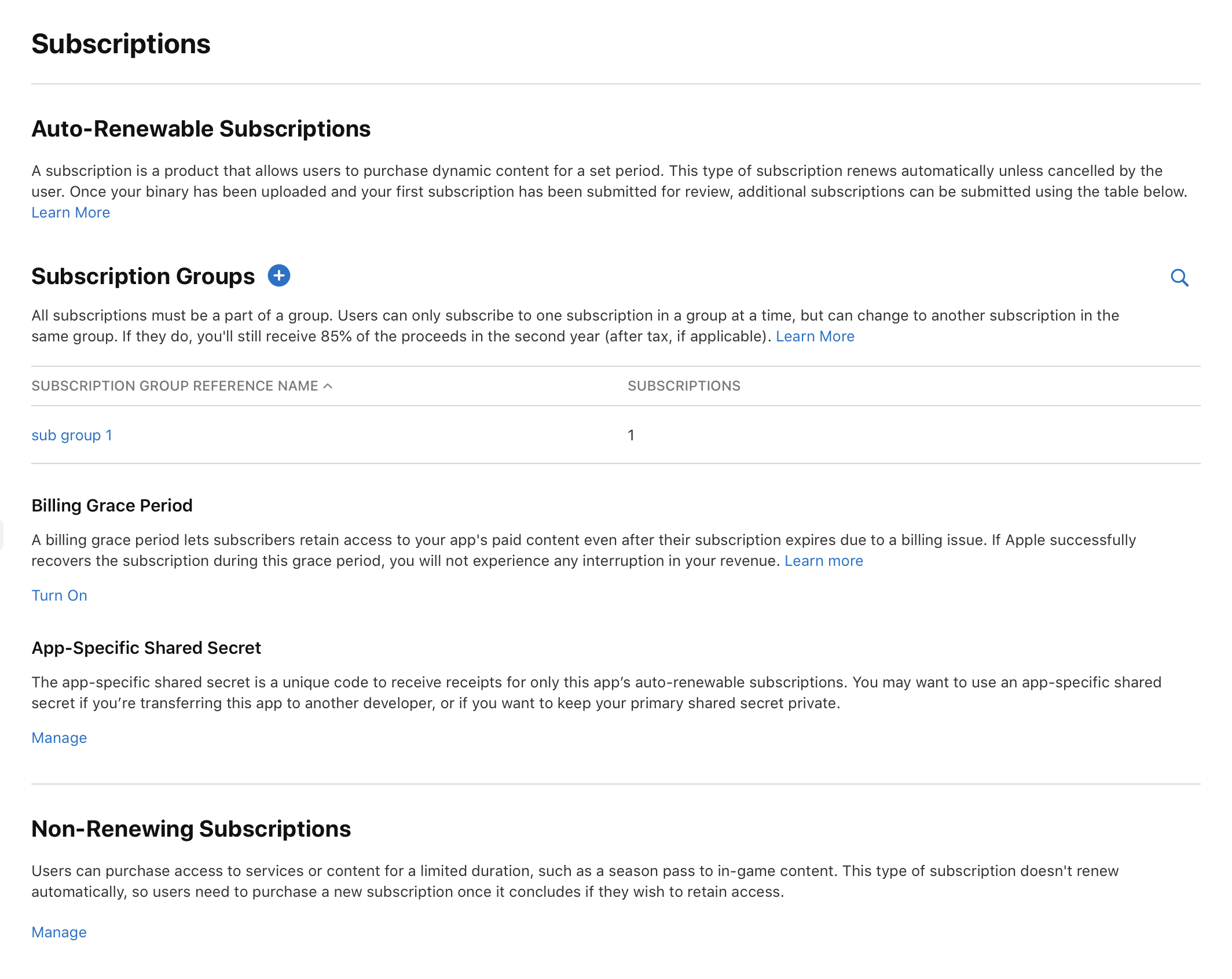 Screenshot of Subscriptions page. Subscription Groups section displays a plus (+) button for adding new groups. A single subscription group is currently listed in the section.