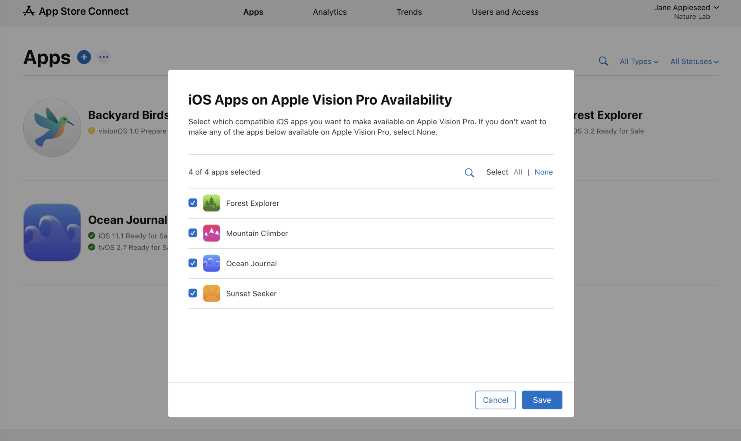 Screenshot of the "iOS Apps on Apple Vision Pro Availability" dialog, where there are four apps listed, each with a selected checkbox next to it. At the bottom, Cancel and Save buttons are on the right.