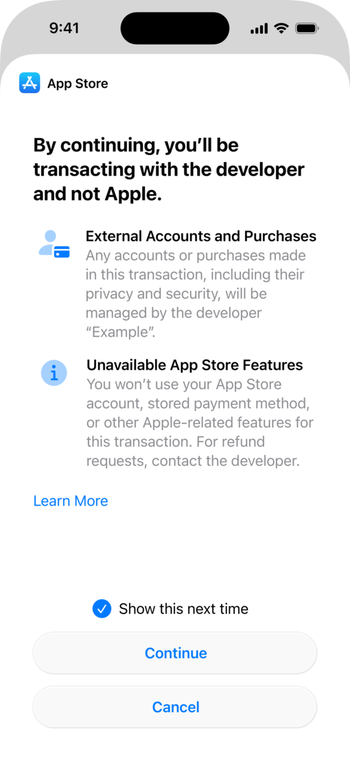iPhone screen showing system-provided disclosure sheet for alternative in-app payment processing